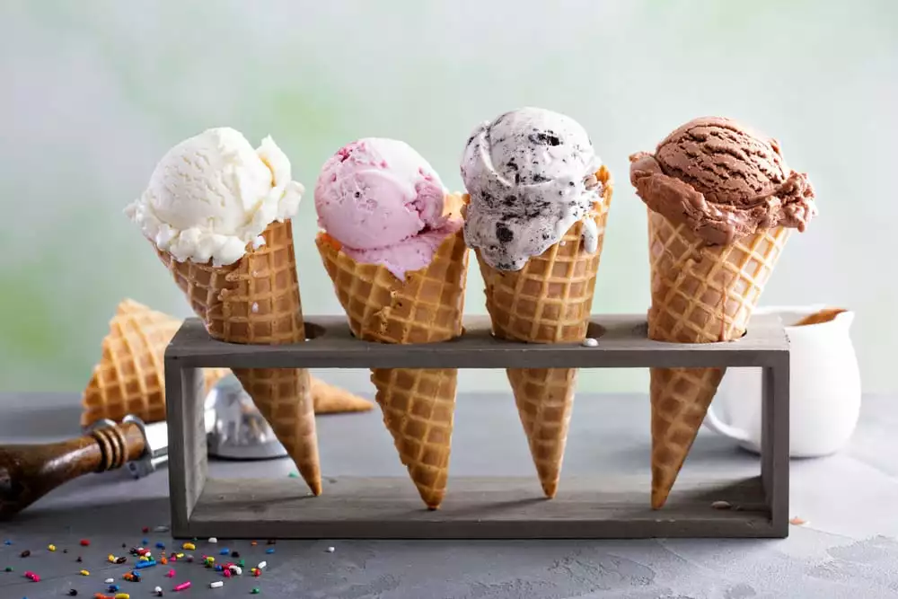 ice cream flavors in waffle cones