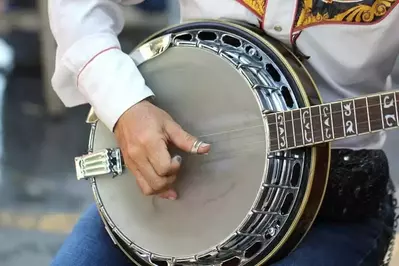 Closeup of man's hand playing banjo