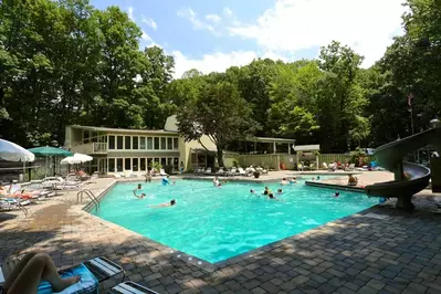 A swimming pool at a cabin community in Gatlinburg.