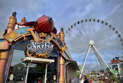 SkyFly: Soar America in front of The Wheel at The Island in Pigeon Forge